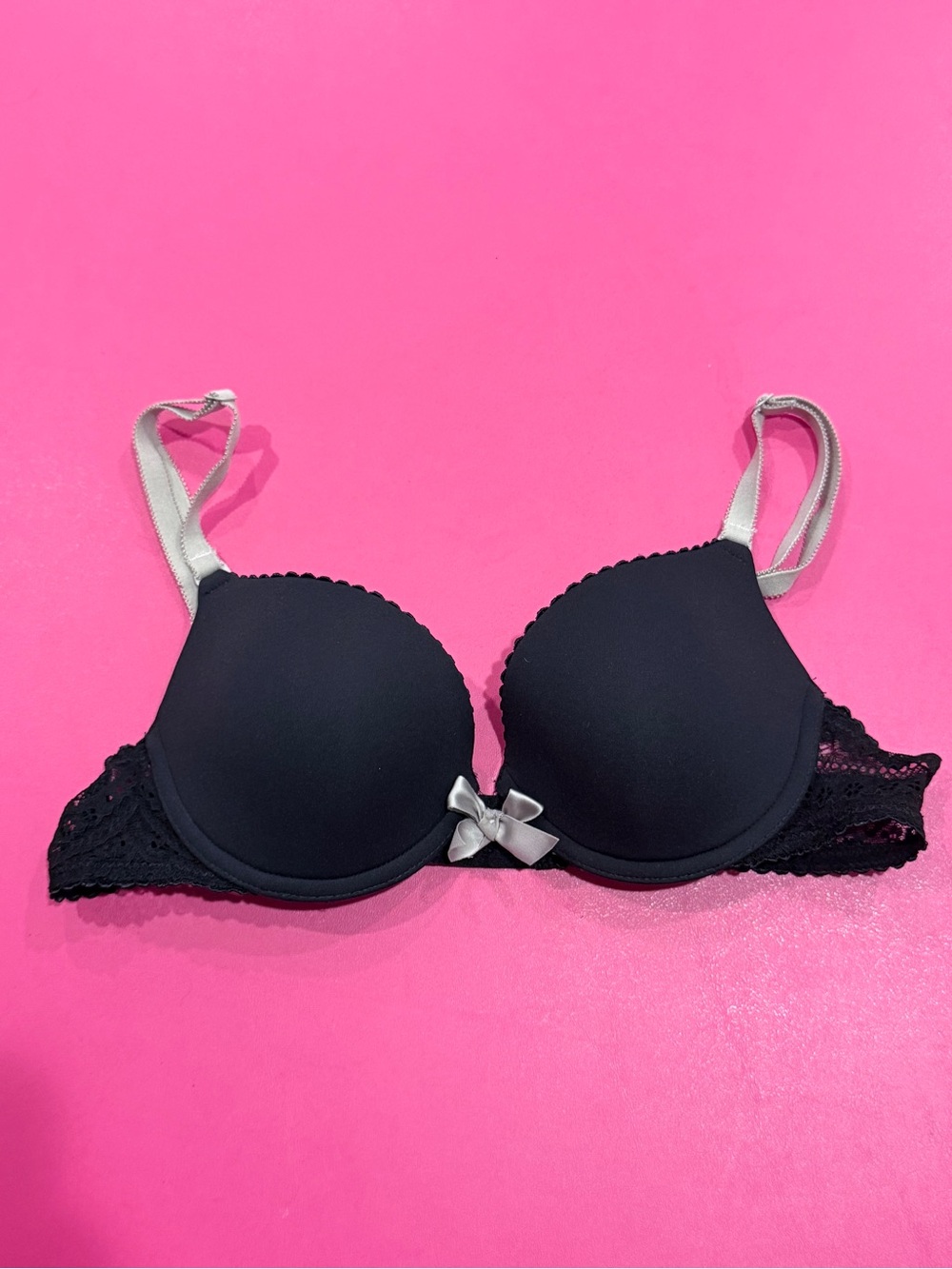 huit Push Up Bra Size 32B Vintage French Lingerie Bow Black Grey Padded Plunge